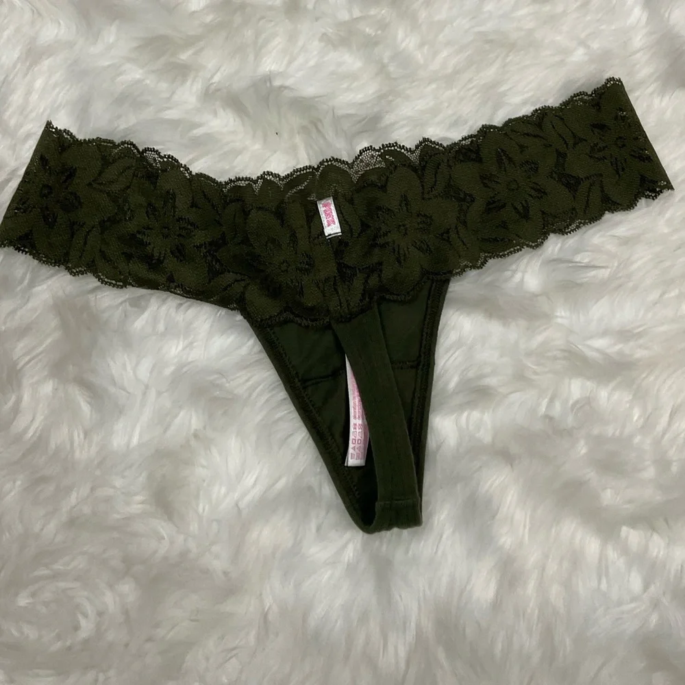 Y2K Victoria's Secret PINK Olive Lace Thong with Gold Studs